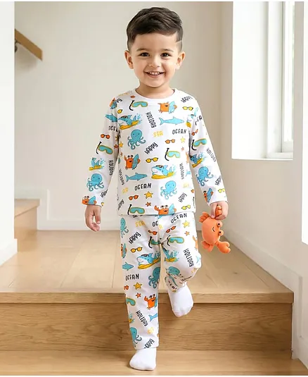 Babyhug Cotton Knit Full Sleeves Co-ords T-Shirt & Pajama Night Suit with Sea Life Print - White