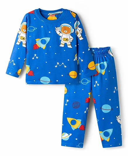 Babyhug Cotton Knit Full Sleeves Co-ords T-Shirt & Pajama Night Suit with Space Theme Print - Navy Blue