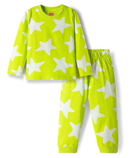 Babyhug Cotton Knit Full Sleeves Co-ords T-Shirt & Pajama Night Suit with Star Print - Light Green
