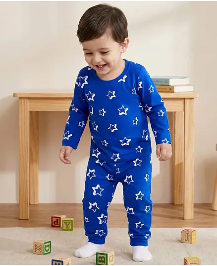 Babyhug Cotton Knit Full Sleeves Co-ords T-Shirt & Pajama Night Suit with Star Print - Navy Blue