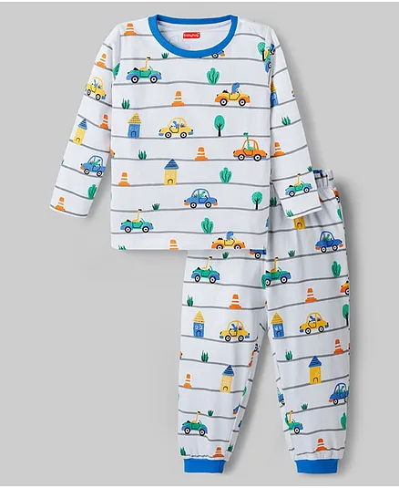 Babyhug Cotton Knit Full Sleeves Co-ords T-Shirt & Pajama Night Suit with Vehicle Print - White