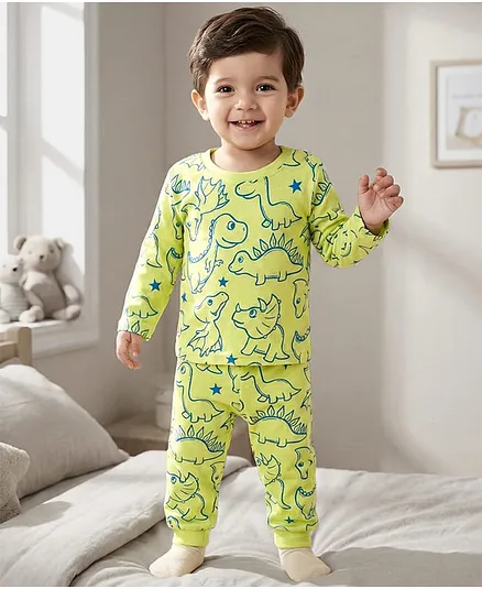 Babyhug Cotton Knit Full Sleeves Co-ords T-Shirts & Pajama Night Suit with Dino Print - Yellow
