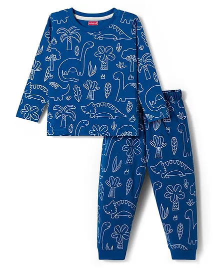 Babyhug Cotton Knit Full Sleeves Dino Printed Co-Ords T-Shirt & Pyjama Night Suit - Blue