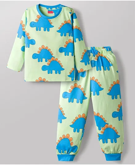Babyhug Cotton Knit Full Sleeves Dino Printed Co-Ords T-Shirt & Pyjama Night Suit - Light Green