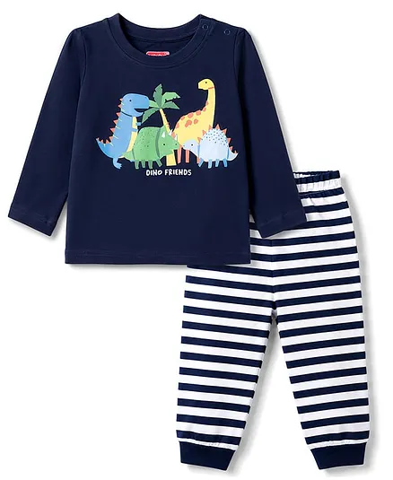 Babyhug Cotton Knit Full Sleeves Dino Printed & Striped Pyjama Night Suit - Navy Blue