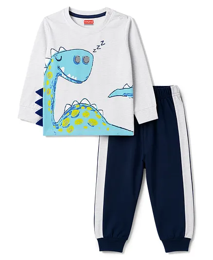 Babyhug Cotton Knit Full Sleeves Dino Printed T-Shirt & Pyjama Night Suit - Grey