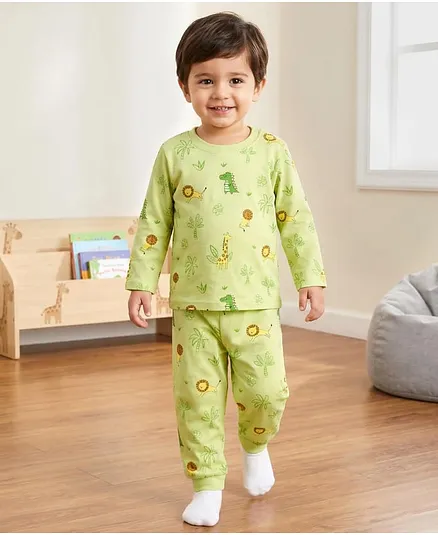 Babyhug Cotton Knit Full Sleeves Jungle Theme Printed Co-Ords T-Shirt & Pyjama Night Suit - Light Green