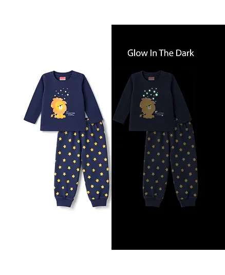 Babyhug Cotton Knit Full Sleeves Lion Printed T-Shirt & Pyjama Night Suit with Glow In Dark Effect - Navy