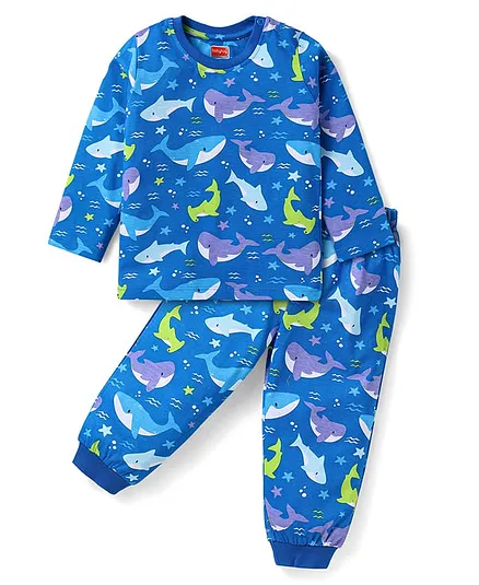 Babyhug Cotton Knit Full Sleeves Night Suit Shark Print - Blue