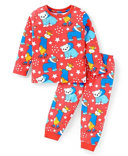 Babyhug Cotton Knit Full Sleeves Night Suit with  Bear Print - Red