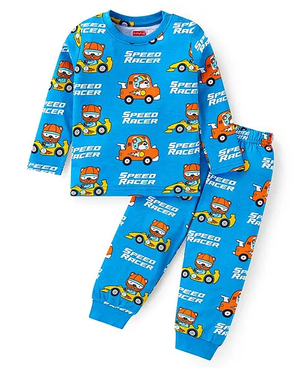 Babyhug Cotton Knit Full Sleeves Night Suit with Bear Speed Racer Print - Blue