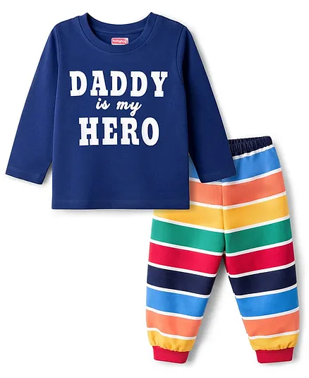 Babyhug Cotton Knit Full Sleeves Night Suit With Text Print - Navy Blue