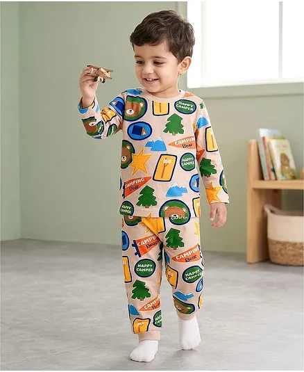 Babyhug Cotton Knit Full Sleeves Printed Co-ord Night Suit - Grey
