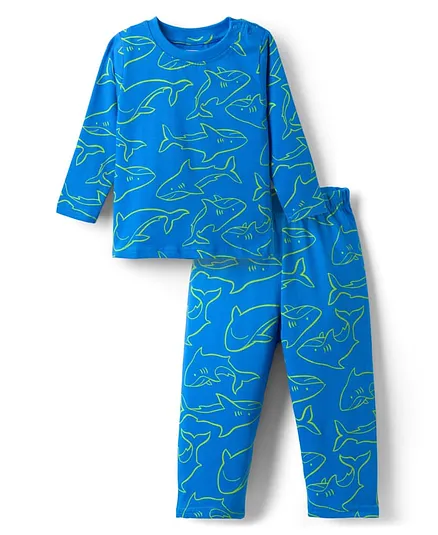 Babyhug Cotton Knit Full Sleeves Sea Life Printed Co-Ords T-Shirt & Pyjama Night Suit - Blue