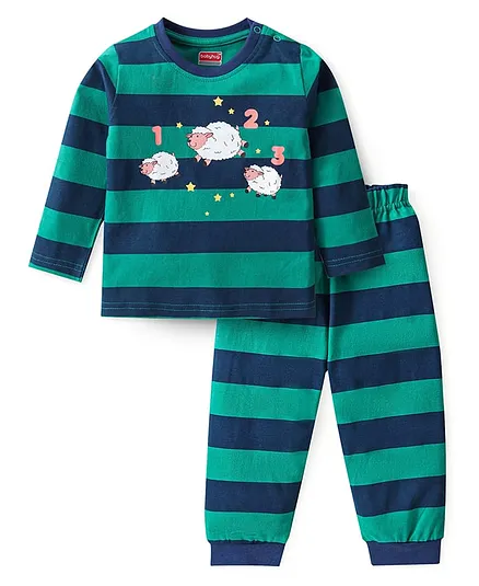 Babyhug Cotton Knit Full Sleeves Sheep Printed T-Shirt & Pyjama Night Suit - Navy & Green