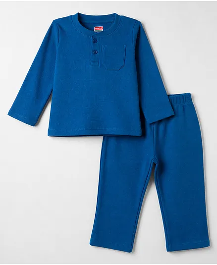 Babyhug Cotton Knit Full Sleeves Solid T-Shirt & Pyjama Night Suit - Navy blue