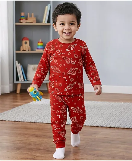 Babyhug Cotton Knit Full Sleeves Space Theme Printed Co-Ords T-Shirt & Pyjama Night Suit - Brown