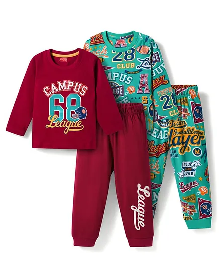 Babyhug Cotton Knit Full Sleeves Sports Theme Printed Co-Ords T-Shirt & Pyjama Night Suit - Multicolour