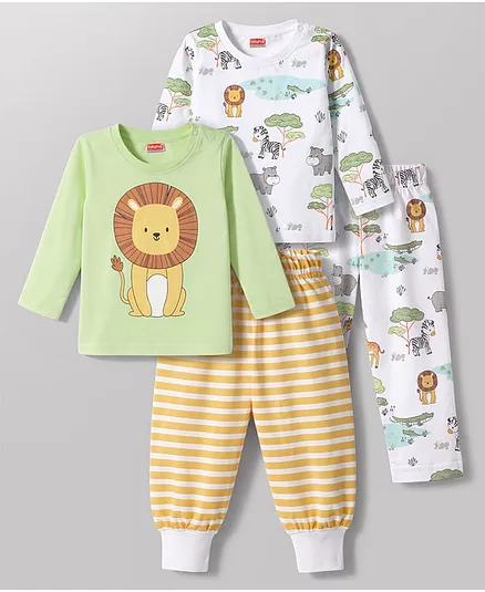 Babyhug Cotton Knit Full Sleeves Striped & Animal Printed Co-Ords T-Shirt & Pyjama Night Suit Pack Of 2 - Multicolor