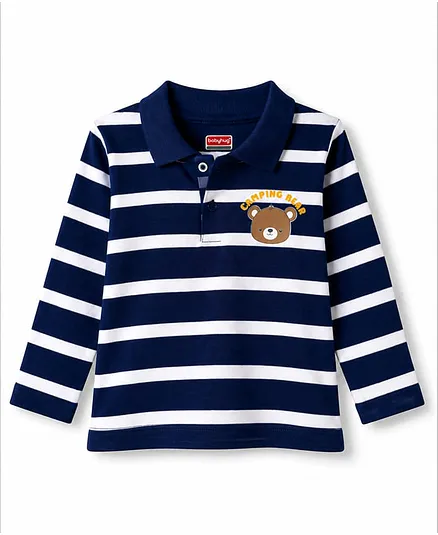 Babyhug Cotton Knit Full Sleeves Striped T-Shirt with Bear Print - Navy