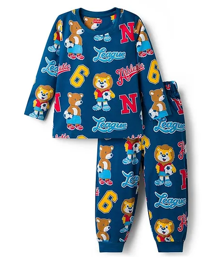 Babyhug Cotton Knit Full Sleeves T-Shirt & Lounge Pant Co-ords Night Suit With Bear Print - Navy Blue