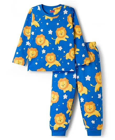 Babyhug Cotton Knit Full Sleeves T-Shirt & Lounge Pant Co-ords Night Suit With Lion Print - Blue