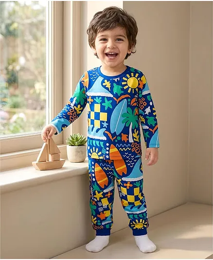 Babyhug Cotton Knit Full Sleeves T-Shirt & Lounge Pant Co-ords Night Suit With Tropical Theme Print - Navy Blue