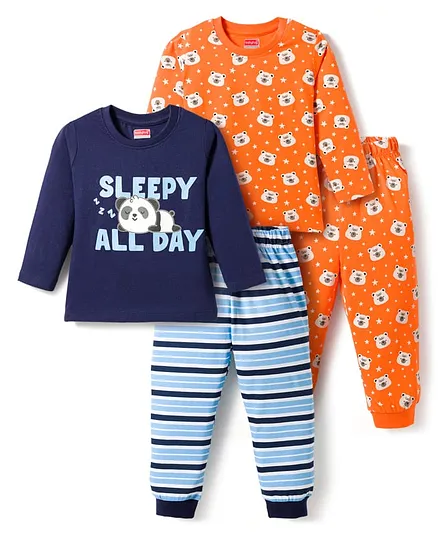 Babyhug Cotton Knit Full Sleeves T-Shirt & Pajama Night Suits with Panda Print & Stripes Pack of 2 - Multicolor