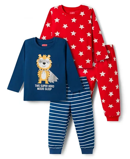 Babyhug Cotton Knit Full Sleeves T-Shirt & Pajama Night Suits with Star Print & Stripes Pack of 2 - Navy Blue & Red