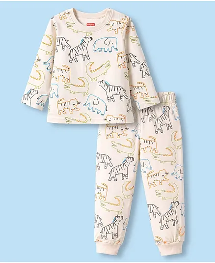 Babyhug Cotton Knit Full Sleeves T-Shirt & Pyjama Co-ord Night Suit with Animal Print - Brown