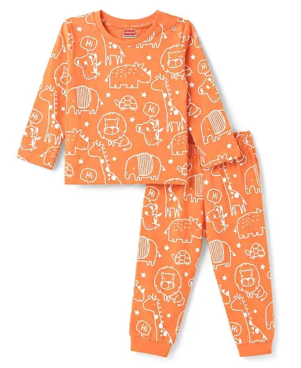 Babyhug Cotton Knit Full Sleeves T-Shirt & Pyjama Co-Ord Night Suit With Animal Print - Orange