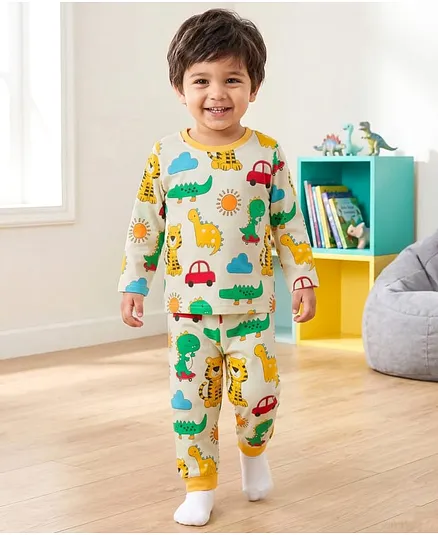 Babyhug Cotton Knit Full Sleeves T-Shirt & Pyjama Co-ord Night Suit with Animal Print - White