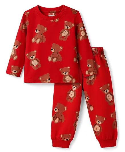 Babyhug Cotton Knit Full Sleeves T-Shirt & Pyjama Co-Ord Night Suit With Bear Print - Maroon