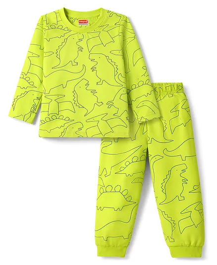 Babyhug Cotton Knit Full Sleeves T-Shirt & Pyjama Co-Ord Night Suit With Dino Print - Green