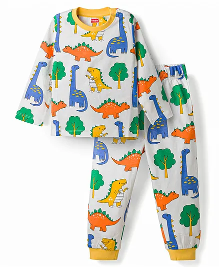 Babyhug Cotton Knit Full Sleeves T-Shirt & Pyjama Co-Ord Night Suit With Dino Print - White