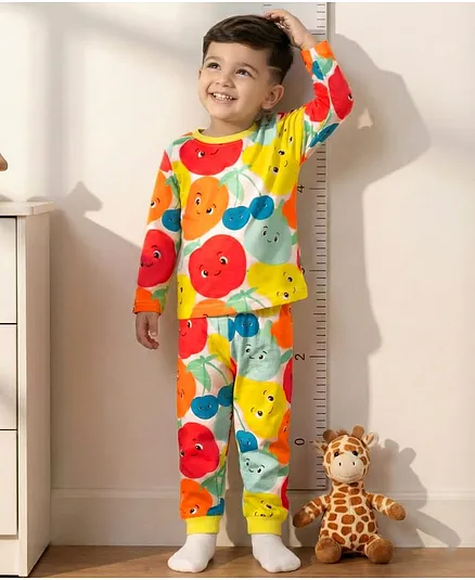 Babyhug Cotton Knit Full Sleeves T-Shirt & Pyjama Co-ord Night Suit With Fruit Print - Multicolor