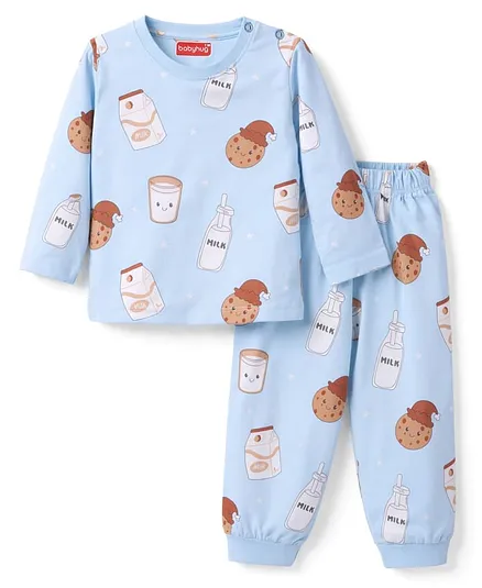 Babyhug Cotton Knit Full Sleeves T-Shirt & Pyjama Co-ord Night Suit with Milk & Cookies Print - Blue