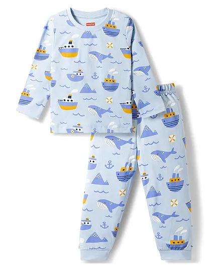 Babyhug Cotton Knit Full Sleeves T-Shirt & Pyjama Co-ord Night Suit with Nautical Print - Blue