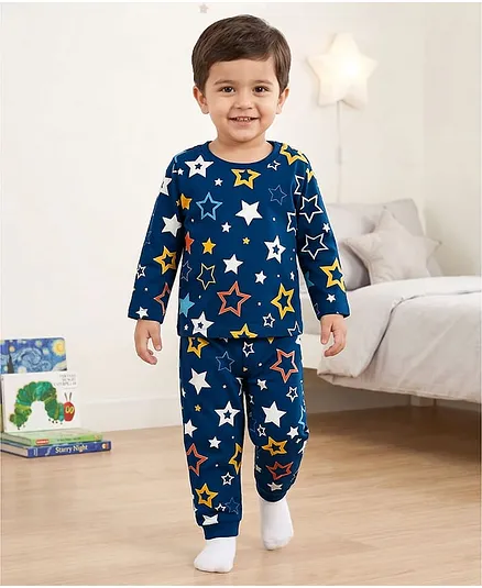 Babyhug Cotton Knit Full Sleeves T-Shirt & Pyjama Co-ord Night Suit with Star Print - Navy Blue
