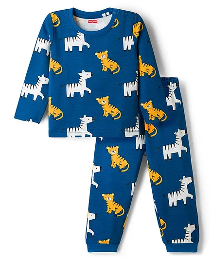 Babyhug Cotton Knit Full Sleeves T-Shirt & Pyjama Co-ord Night Suit with Tiger & Zebra Print - Teal Blue