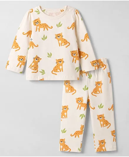 Babyhug Cotton Knit Full Sleeves T-Shirt & Pyjama Night Suit with Cub Print -  Off White