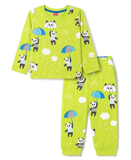 Babyhug Cotton Knit Full Sleeves T-Shirt & Pyjama Night Suit With Panda Print- Green