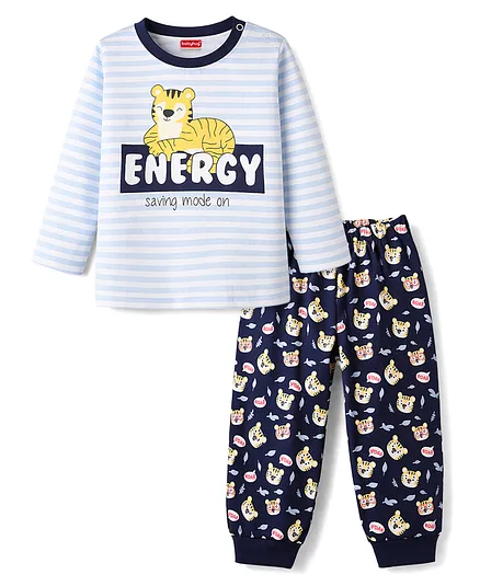 Babyhug Cotton Knit Full Sleeves T-Shirt & Pyjama Night Suit with Tiger Print - Light Blue