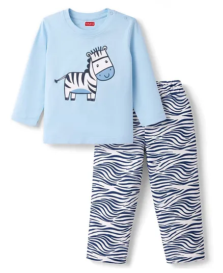 Babyhug Cotton Knit Full Sleeves T-Shirt & Pyjama Night Suit with Zebra Print - Blue