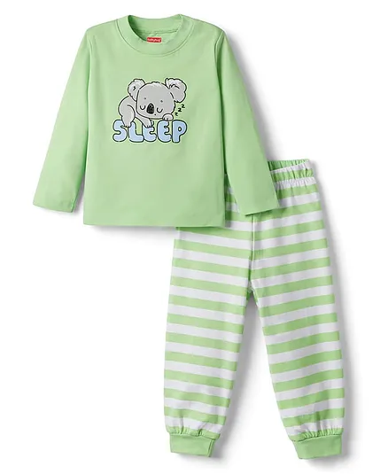 Babyhug Cotton Knit Full Sleeves T-Shirt & Striped Pyjama Night-Suit With Sleep & Koala Print - Green