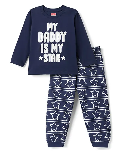 Babyhug Cotton Knit Full Sleeves Text & Star Printed T-Shirts & Joggers Night Suit - Navy Blue