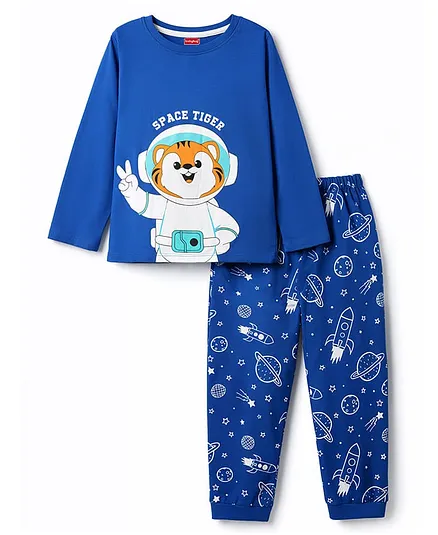 Babyhug Cotton Knit Full Sleeves Tiger & Space Theme Printed T-Shirt & Pyjama Night Suit - Blue