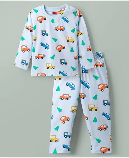 Babyhug Cotton Knit Full Sleeves Vehicles Printed Co-Ords T-Shirt & Pyjama Night Suit - Light Blue
