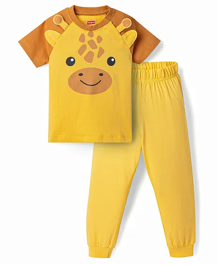 Babyhug Cotton Knit Half Raglan Sleeves Giraffe Printed T-Shirt & Pyjama Night Suit - Yellow