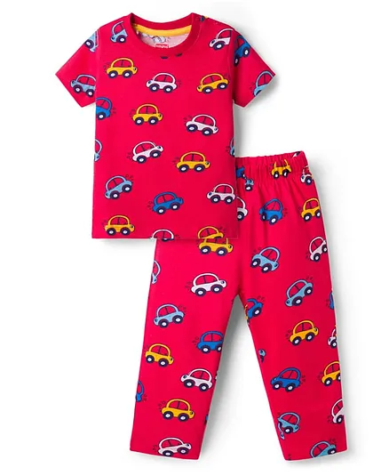 Babyhug Cotton Knit Half Sleeves Car Printed Co-Ord T-Shirt & Pyjama Night Suit - Red
